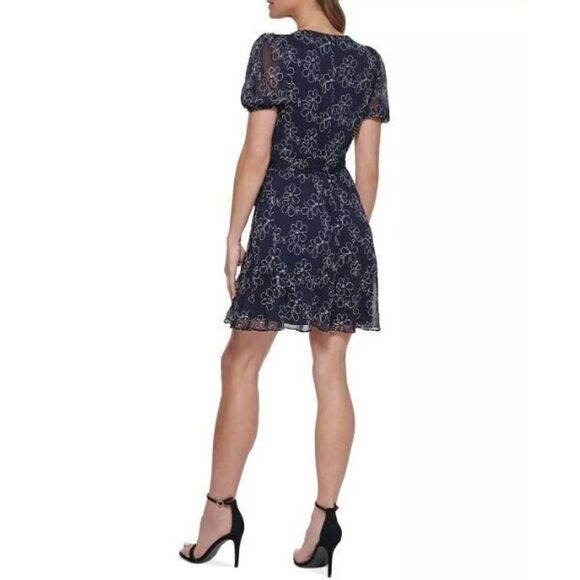 DKNY DD2F3346 Women's Sz 6 Black Embroidered Faux-Wrap Sheer-Sleeve Dress $139+ - Picture 15 of 16